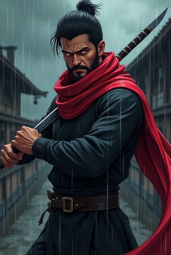 anime character:
A man with brown skin, Bblack hair, Eyes red, short beard.
visual ninja, black color with a long red scarf hiding her mouth and nose.
a knife in his hand in attack position rainy weather.