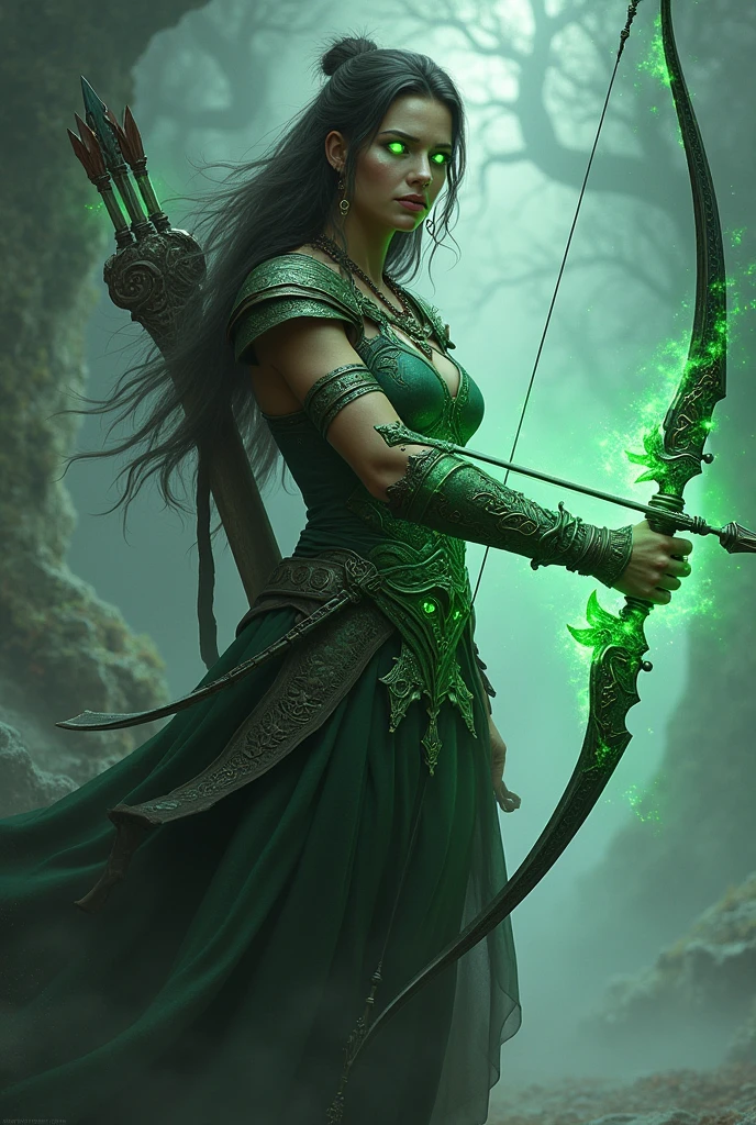 Ancient Warrior Woman with glowing green eyes with a magical bow and arrow in her hand and an elven sword at her waist
