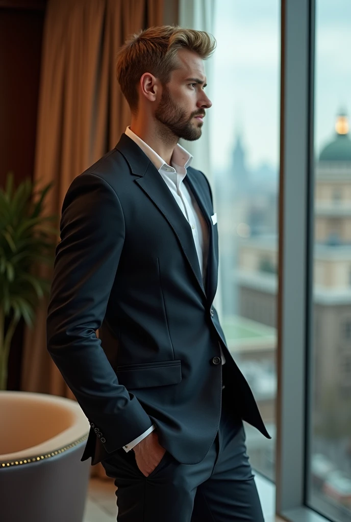 a Russian man, aesthetically beautiful body because you train at the gym, short blonde hair with a slight quiff, with short social beard, wearing a slightly tight suit, millionaire in his office standing looking sideways through the glass of his office
