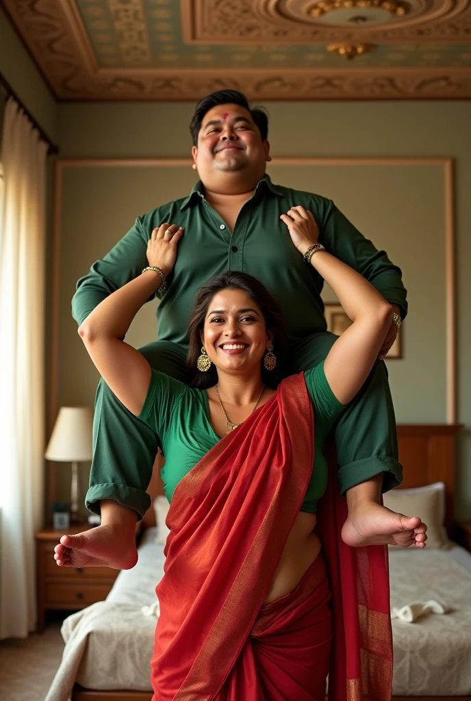 Beautiful and Slim Indian woman Aishwarya Rai in green blouse red saree lifting a large chubby fat man above her shoulders, man is sitting on woman's shoulders, in a bedroom with high ceiling, natural smile, big boobs, woman is looking into the camera , full body image