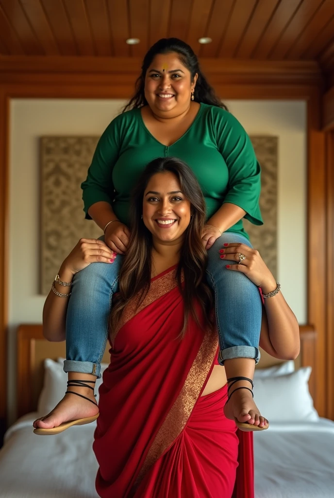 Beautiful and Slim Indian woman Aishwarya Rai in green blouse red saree lifting a large chubby fat man above her shoulders, man is sitting on woman's shoulders, in a bedroom with high ceiling, natural smile, big boobs, woman is looking into the camera , full body image