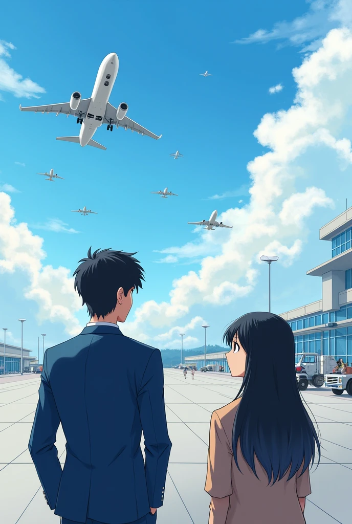 A young man in a blue suit alone, black haired girl looking at the planes at the airport