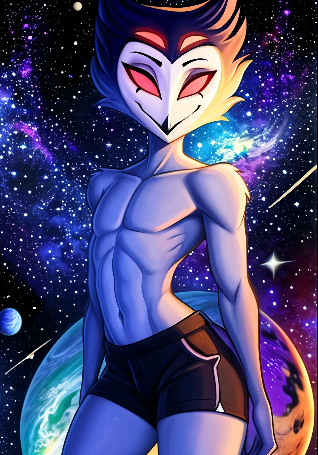 ((masterpiece)), ((8K quality)), (without watermark), stolas, male, Closed mouth, ((cosmic background:1.5)), standing, one hand on her hip, Shorts, another hand at his side, (Alone:1.4), pulcro, bright, crop tops, ((Slim body)), ((broad shoulders:1.5)), ((sexy belly:0.5)),  showy, vibrant colors, take off makes, perfect lighting, perfect shadows, Perfect eyes, perfect face, Global light, (decolaed background, depth of field), (4k, 2k, shading, absurd resolution)