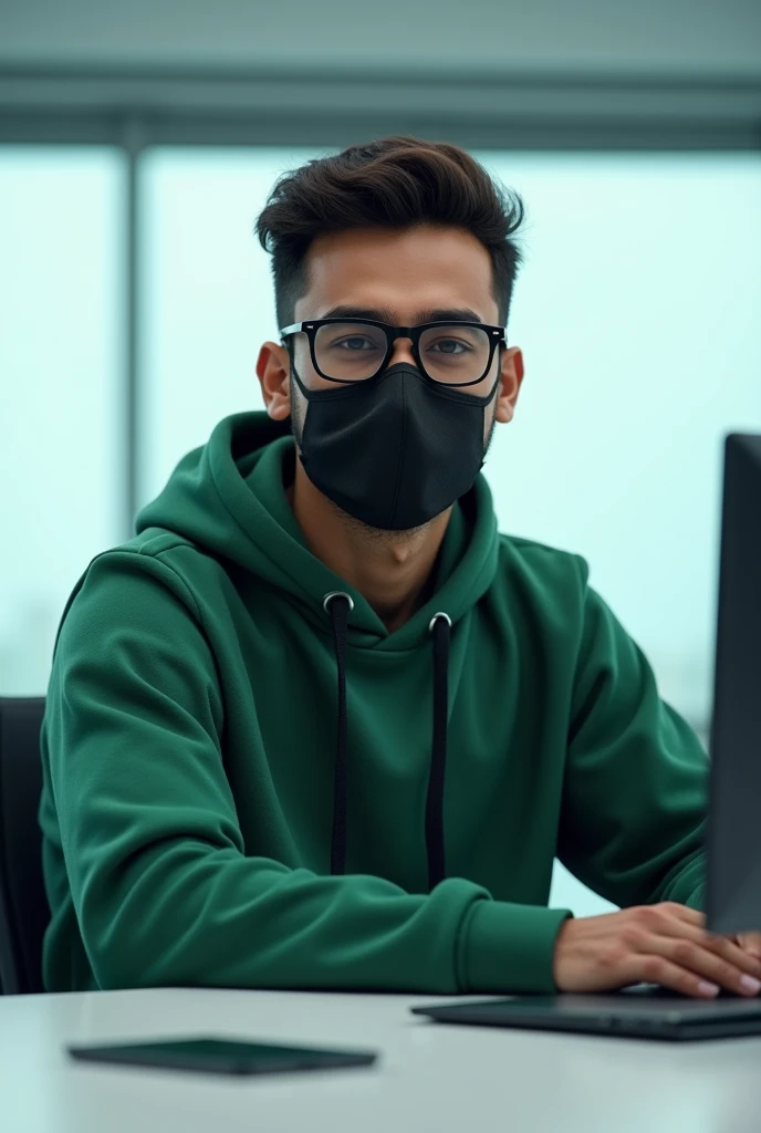 (I strongly recommend you edit this prompt to get better result.) indian a 20-year-old friendly-looking man sitting behind a desk in a futuristic studio, face black mask and glasses wearing a green hoodie. window background, smooth, soft, ultra-sharp, detailed, looking straight forward, centered in the image, straight, front-facing a camera.