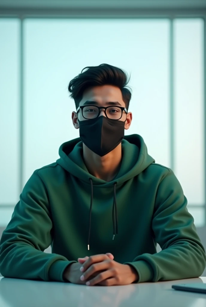 (I strongly recommend you edit this prompt to get better result.) indian a 20-year-old friendly-looking man sitting behind a desk in a futuristic studio, face black mask and glasses wearing a green hoodie. window background, smooth, soft, ultra-sharp, detailed, looking straight forward, centered in the image, straight, front-facing a camera.