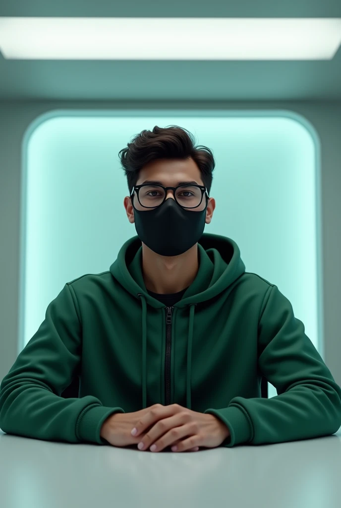 (I strongly recommend you edit this prompt to get better result.) indian a 20-year-old friendly-looking man sitting behind a desk in a futuristic studio, face black mask and glasses wearing a green hoodie. window background, smooth, soft, ultra-sharp, detailed, looking straight forward, centered in the image, straight, front-facing a camera.