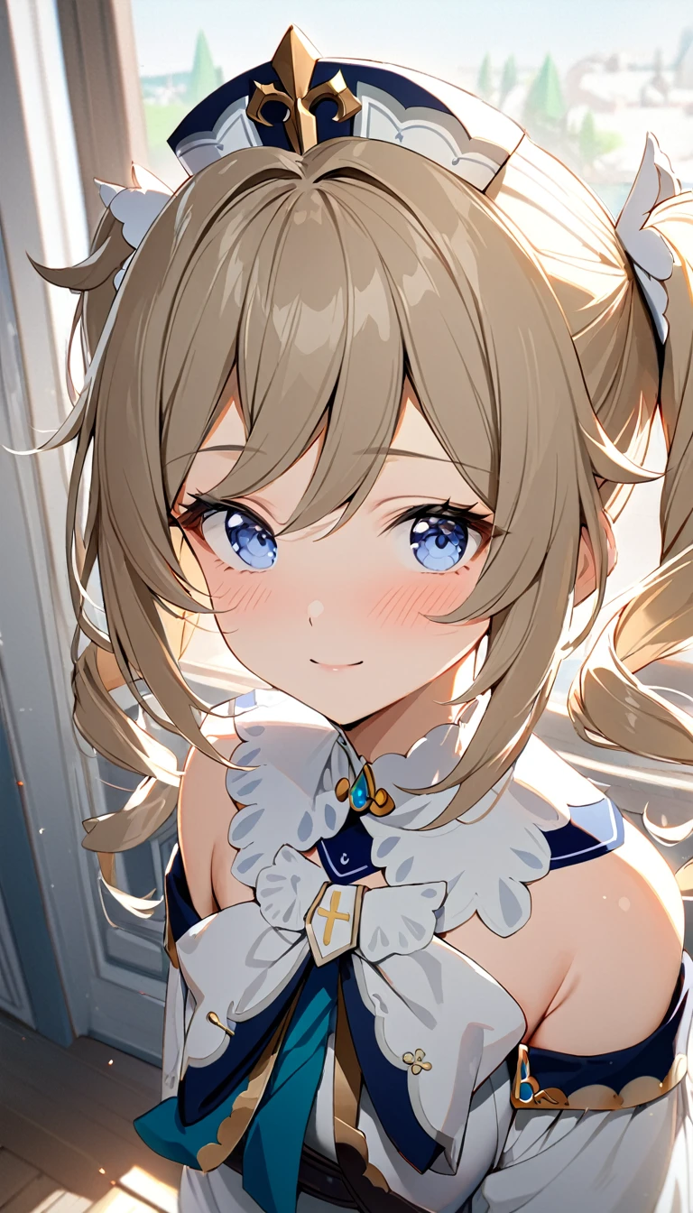 16k,1girl, Barbara \(Genshin Impact\), Genshin Impact, ,blush, light smile,natural lighting, (masterpiece, best quality), detailed scenery,looking view,pov,white background 