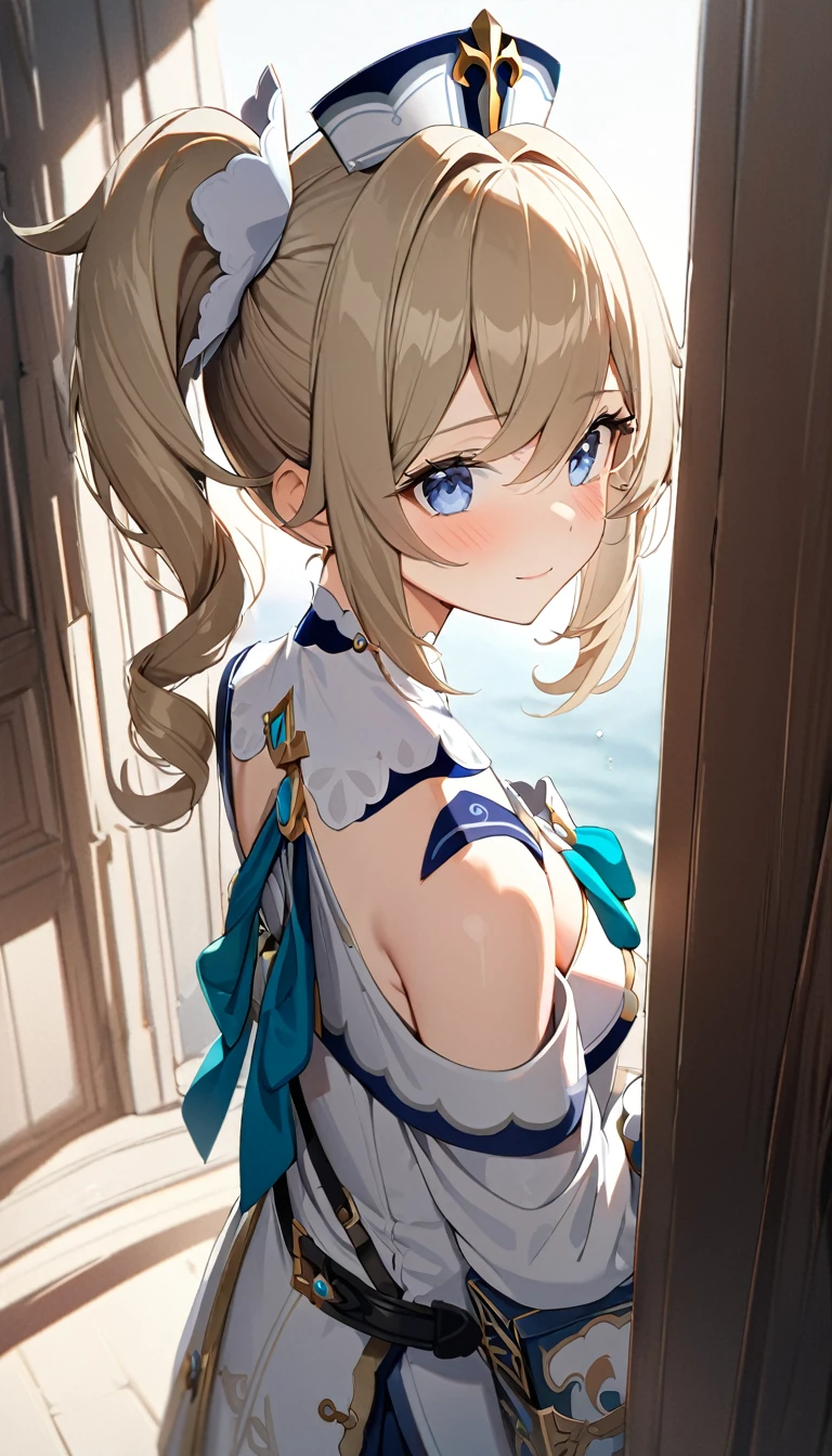 16k,1girl, Barbara \(Genshin Impact\), Genshin Impact, ,blush, light smile,natural lighting, (masterpiece, best quality), detailed scenery,looking view,pov,white background