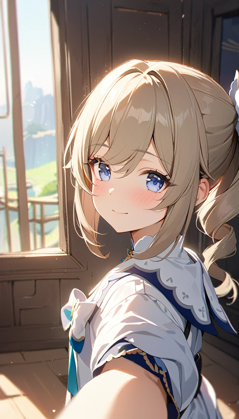 16k,1girl, Barbara \(Genshin Impact\), Genshin Impact, ,blush, light smile,natural lighting, (masterpiece, best quality), detailed scenery,looking view,pov,white background