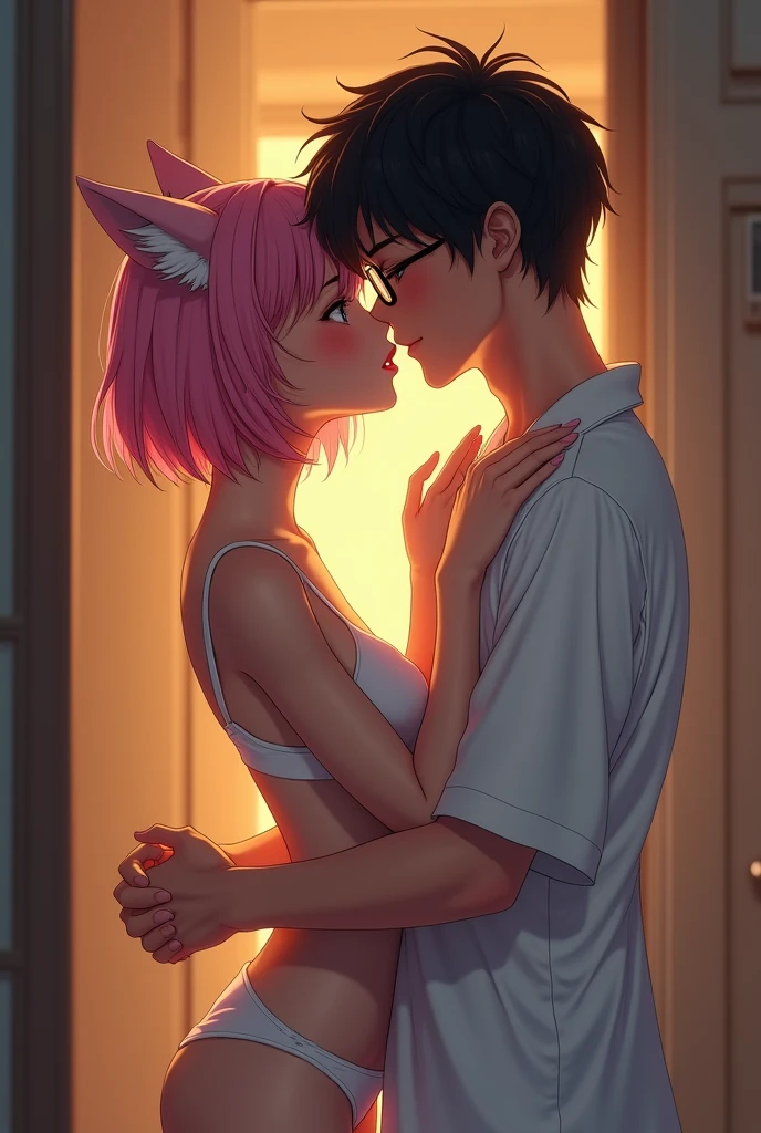 Realistic picture,Japanese woman,Age 20,short pink bob,There are fox ears.,Wear thin white pajamas.,not wearing underwear,Passionately kissing a Thai guy wearing glasses.