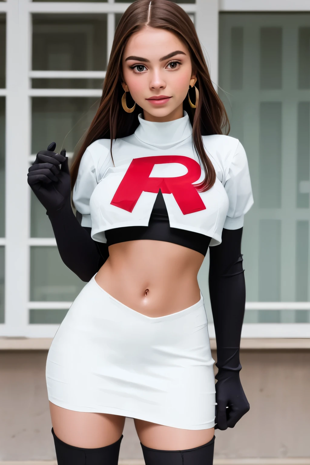 The face of Olivia Rodrigo, 1girl, solo, team rocket,team rocket uniform,white skirt,red letter R,crop top,black thigh-highs,black elbow gloves, earrings, large breasts,