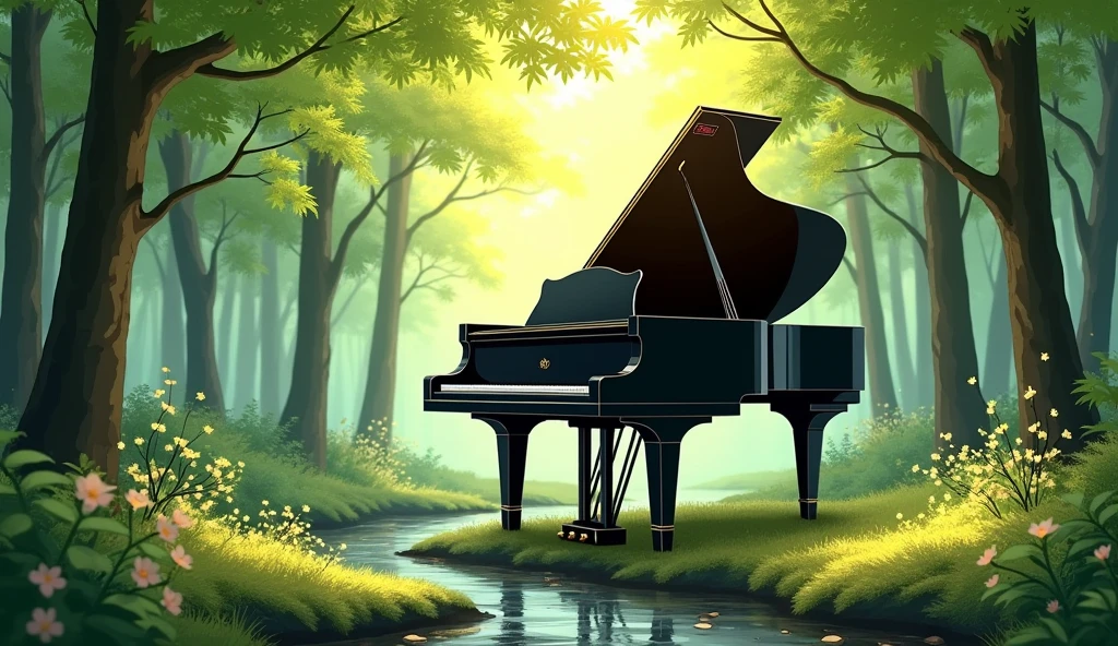 A black grand piano is placed in the middle of a lush green forest. The scene is bathed in soft sunlight filtering through the tall trees and green maple (momiji) leaves, creating a calm and peaceful atmosphere. A small stream runs beside the piano, reflecting the sunlight. The forest floor is covered with moss and leaves, and the piano stands out against the vibrant natural surroundings, adding an element of elegance to the serene landscape. The image should be detailed and realistic, capturing the tranquility of the forest and the beauty of the piano.
Small flowers are blooming,Watercolor style