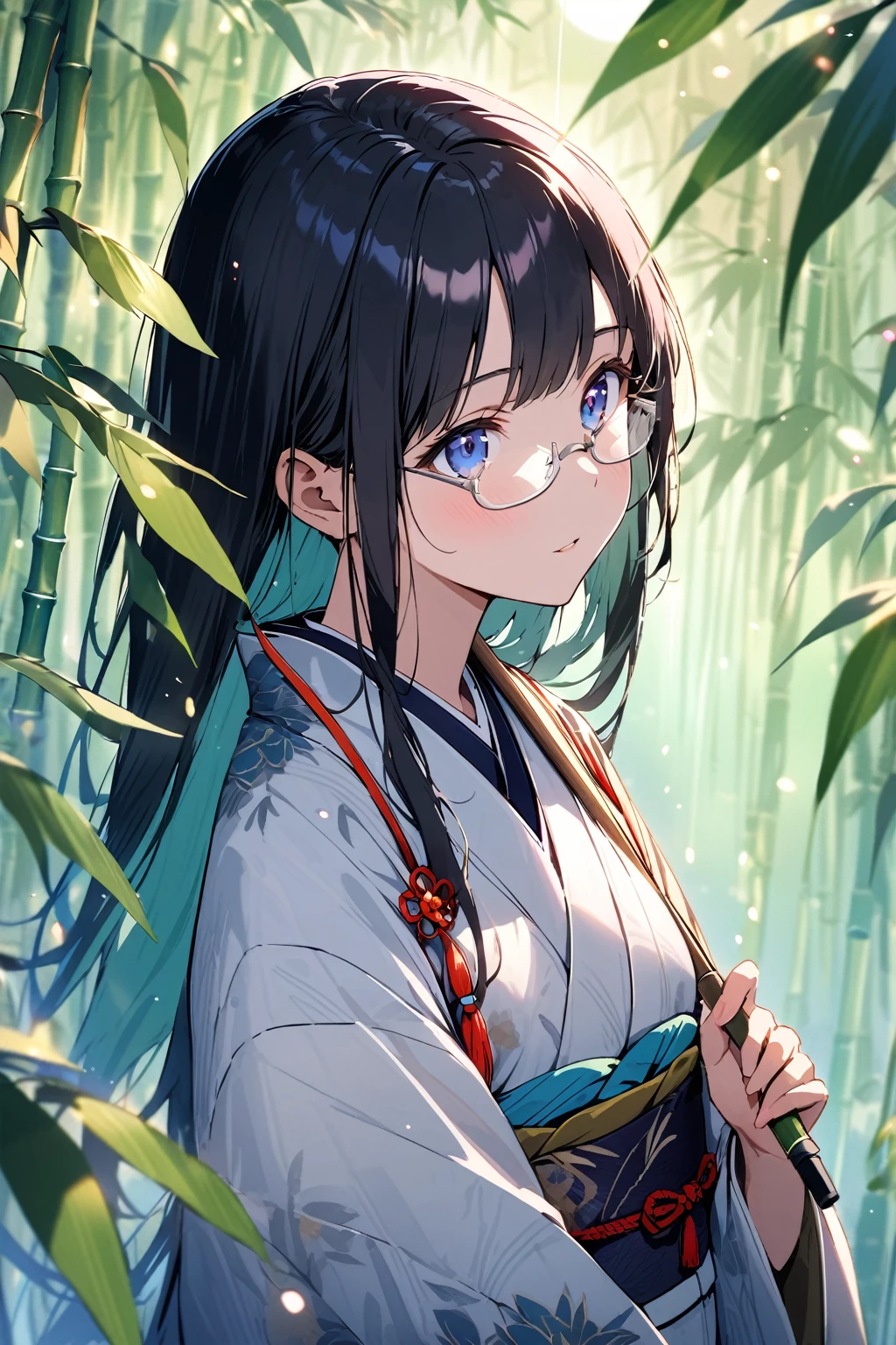 (extremely detailed fine touch:1.3), Vibrant colors, Soft tones, With warm and gentle lighting, (((silver semi-rimless eyewear:1.3))), girl, solo, (ancient Japanese noble, beautiful kimono, beautiful long black hair), glowing hair, looking up at the moon, holding an Japanese umbrella, moon(pearl white), raining softly, fireflies flying around, bamboo leaves are placed three-dimensionally in the foreground, shining through rainwater, bamboo grove of japan,