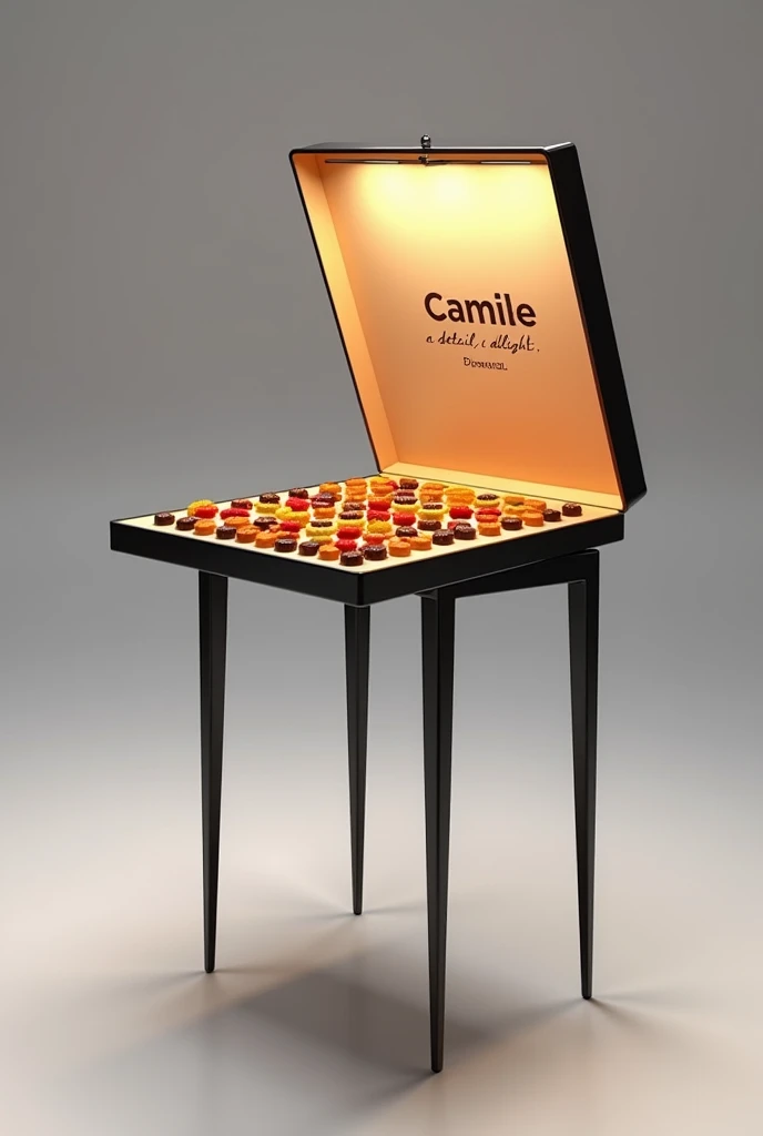 Create an image of a minimalist table with the small board I will specify better for you, I want the board to be 25 centimeters wide and 35 centimeters long. and I want the height to be 90 centimeters. I want the support or base that holds the board to be 4 very thin legs.
The board has a 90-degree opening lid with a simple black frame., On the top middle part of the cover there are some letters that say "Camile" It is a logo and its slogan is "a detail, a delight" and on the board there are 30 units of chocolates of different colors. The table has built-in lights that allow you to see the chocolates in a beautiful way and the lights work with batteries.. And finally I want the whole design to be very thin and light.