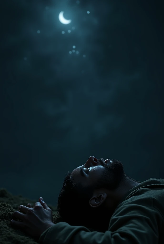 A profile picture for WhatsApp of a man in the dark asking God for help looking at the sky. The man's face must not be seen, It must be dark. The man must be on his back.