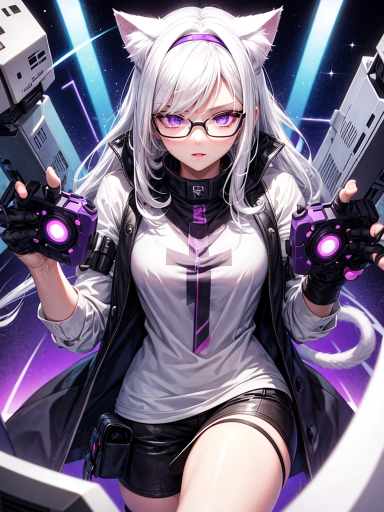 White hair, cat ears, purple eyes, holding a joystick, wearing glasses