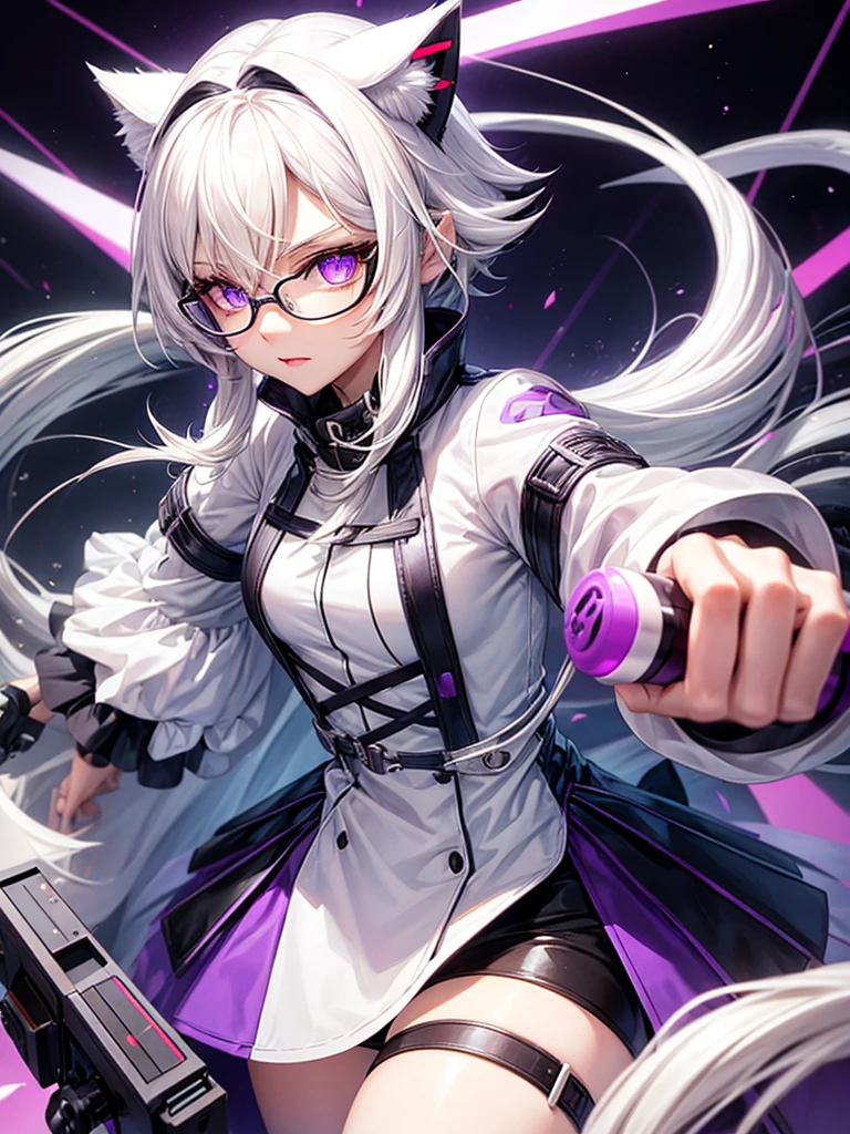 White hair, cat ears, purple eyes, holding a joystick, wearing glasses