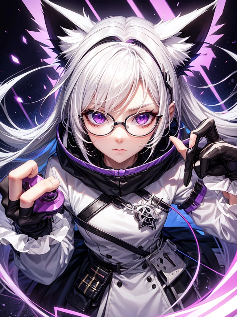 White hair, cat ears, purple eyes, holding a joystick, wearing glasses
