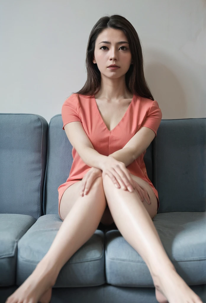 Woman sitting with legs apart