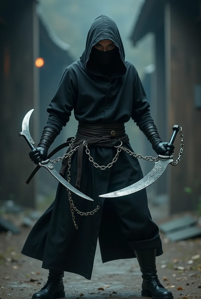 Ninja, Sickles connected to chains, masterpiece, best quality, high resolution, realistic, detailed,