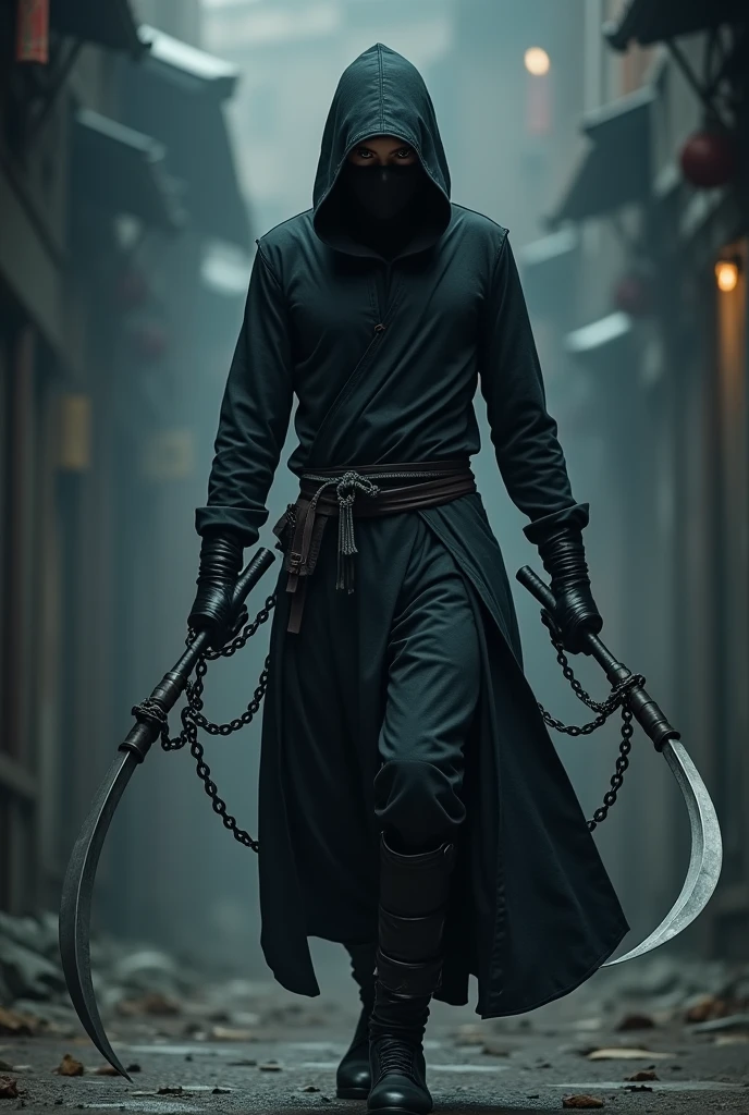 Ninja, Sickles connected to chains, masterpiece, best quality, high resolution, realistic, detailed,