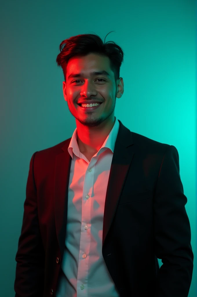 A young Man With Dark hair and a confident smile He is Dressed in a black blazer over a white shirt The man is positioned against aqua colour backdrop with a subtle red lighting on the left side