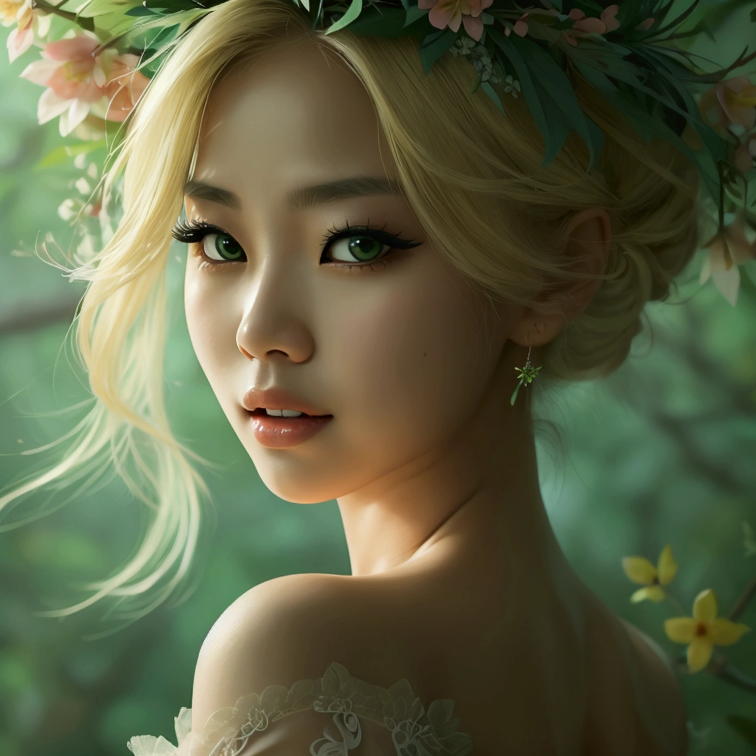 A realistic beautiful  asian blonde female, perky tits, green panty