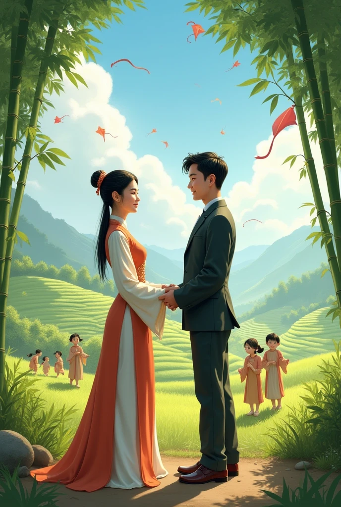 Two Vietnamese boys in ancient times, one wearing ao dai and the other wearing a western suit. Two people holding hands, the scene is ancient Vietnam with rice fields above, blue sky and kites.. Chàng trai mặc áo Vest phương tây nhìn chàng trai mặc áo dài mỉm cười còn chàng trai áo dài nhìn thẳng. There are rows of green bamboo with many children running happily in ao dai in the distance.