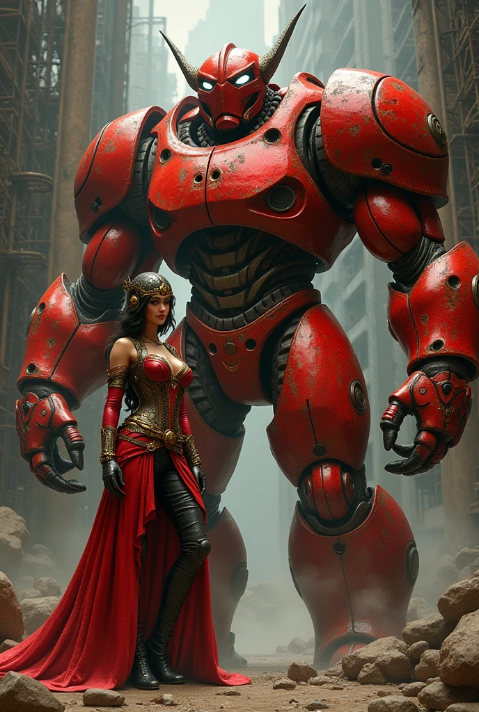 A glamorous steampunk heroine, adorned in intricate Red gold highlights and leather attire, stands confidently next to a colossal, mechanized red and gold titan. The scene is set against a dramatic, industrial backdrop reminiscent of Gerald Brom's dark and fantastical style combined with Frank Frazetta's dynamic and muscular aesthetics. The atmosphere is charged with a blend of gritty steampunk elements and epic fantasy, with an emphasis on bold contrasts and intense energy.