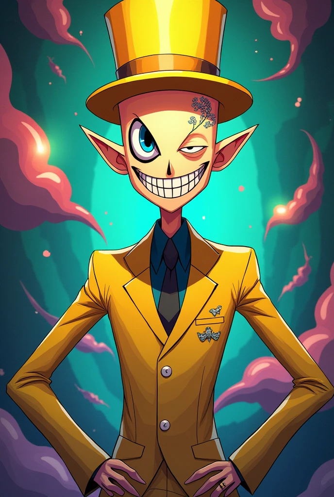 (anime style photo) Has a humanized Bill Cipher from Gravity Falls