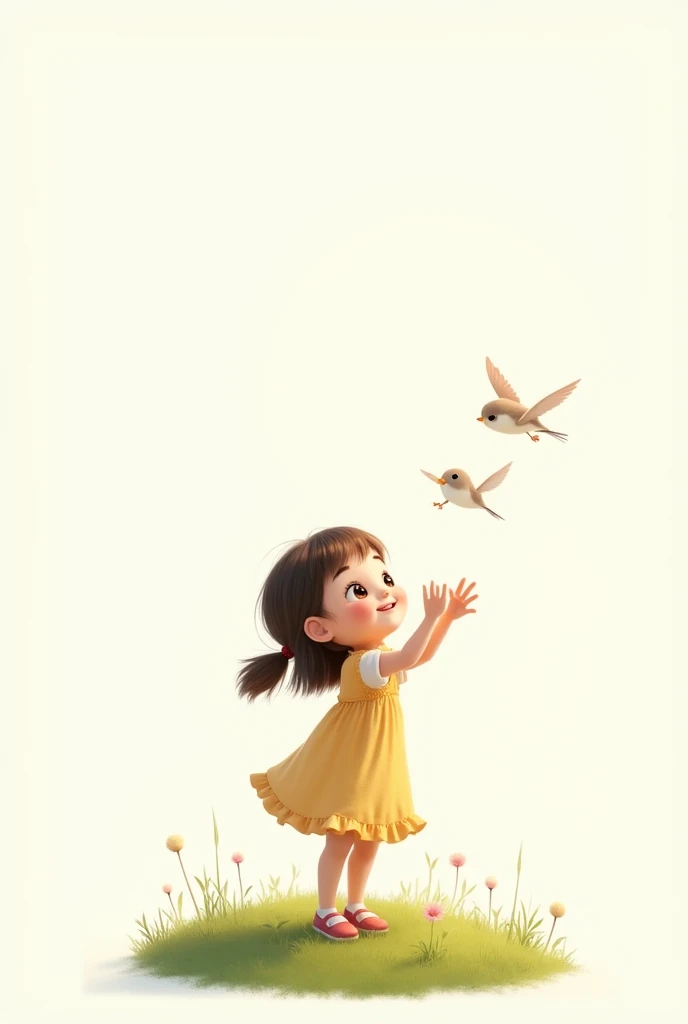 white background,liitle girl standing on grass,rais her hands to little bird,little bird flying,cute frock wearing girl,smilling face
