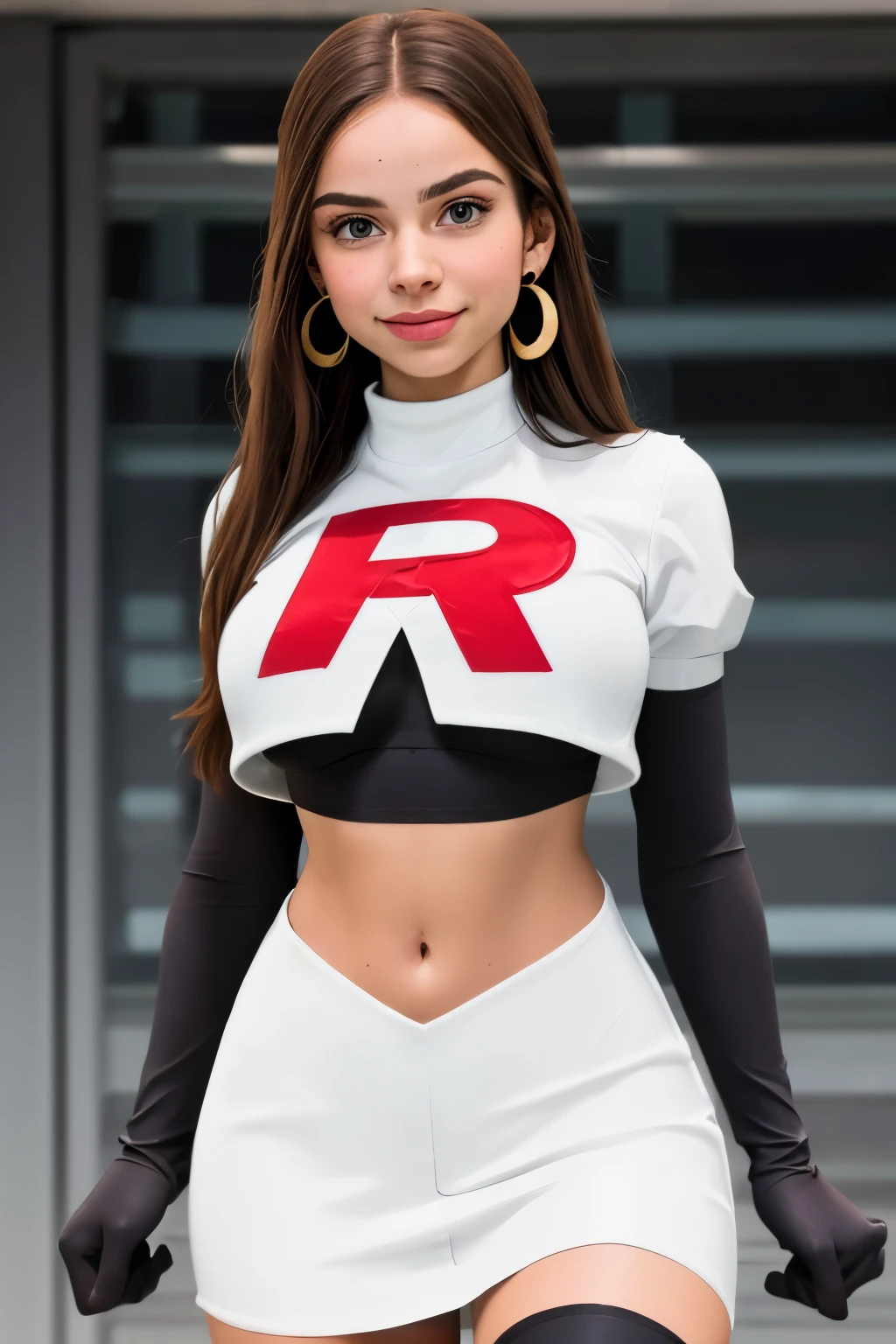 The face of Olivia Rodrigo, 1girl, solo, team rocket,team rocket uniform,white skirt,red letter R,crop top,black thigh-highs,black elbow gloves, earrings, large breasts, 