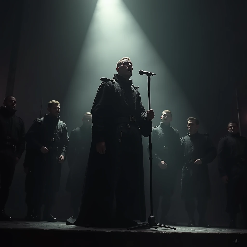 "A Commissar of the Imperium of Man stands on a dark stage, illuminated by a single spotlight. He sings passionately into a microphone, his face filled with fierce inspiration and determination. In the dimly lit foreground, a group of ordinary Imperial Guardsmen stand silently, listening in reverence, their faces partially obscured by shadows. The atmosphere is intense and solemn, with a contrast between the bright spotlight on the Commissar and the shadowy presence of the soldiers."