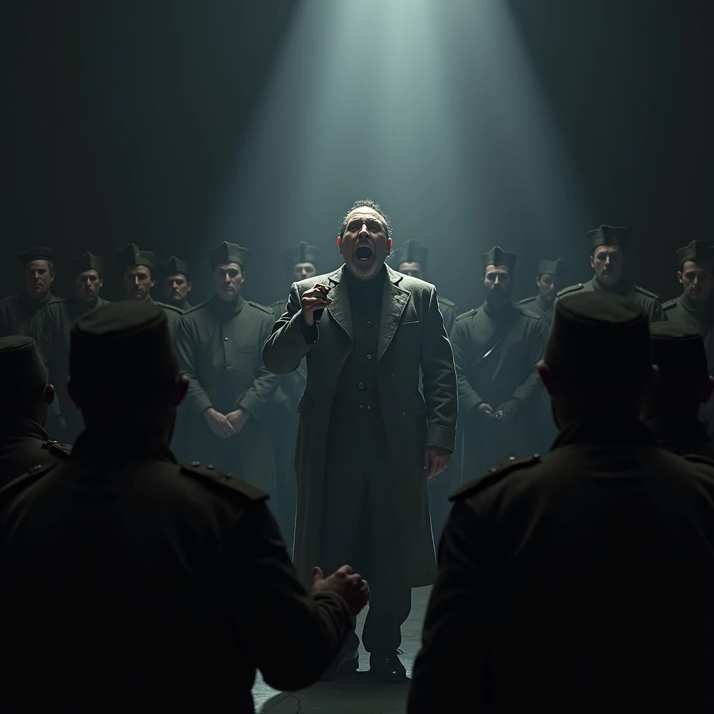 "A Commissar of the Imperium of Man stands on a dark stage, illuminated by a single spotlight. He sings passionately into a microphone, his face filled with fierce inspiration and determination. In the dimly lit foreground, a group of ordinary Imperial Guardsmen stand silently, listening in reverence, their faces partially obscured by shadows. The atmosphere is intense and solemn, with a contrast between the bright spotlight on the Commissar and the shadowy presence of the soldiers."