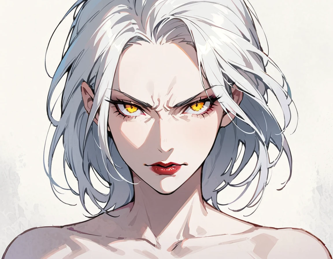 Long white hair, yellow eyes, evil, sexy, elegant hairstyle, evil face, evil, serious look, gloss lips, sinister, front look, (((half-body portrait))), beautiful eyes, white straight hair, sensual, clear skin, evil, female vampire 40 years, mature woman, solo, (((Older mature woman)))(((Demoness))) (Nude:1.0)