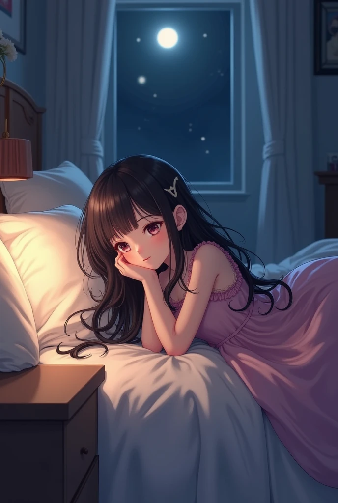 draw a small girl with open hair and pink dress who is laying on her bed at night and thinking.