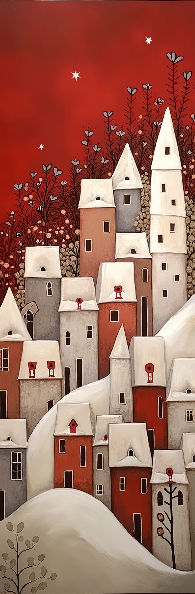 The image displays a stylized painting of a cluster of houses with varying shapes and sizes, predominantly in shades of red, white, and grey. The background transitions from dark red at the top to lighter hues towards the bottom, suggesting either a sunset or sunrise sky. Some houses have visible windows and doors, while others are more abstract. The overall composition gives an impression of a whimsical or dreamlike village. Black outlines resembling plants or flowers are present on some parts of the canvas, adding to the fantastical atmosphere. Stars or light specks are scattered across the upper part of the image.