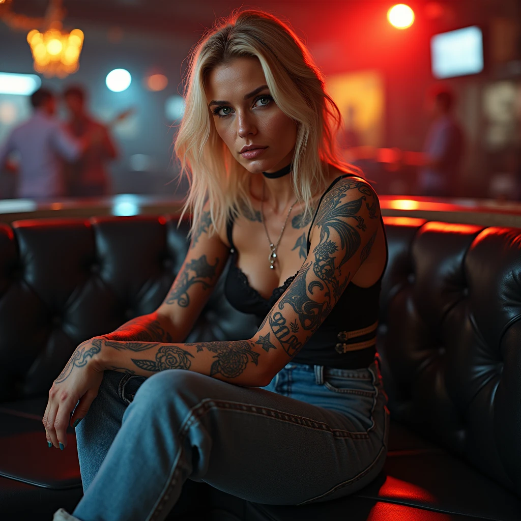 mature woman in her 50s with a beautiful face , attractive and seductive expression, shy, straight blonde hair, brow, make up, blue colored eyes, superlative body proportions, no tattoos, wearing a lace top, very low jeans, engineer boots, artistic, em um night club, red lights and cinematic color palette, show de uma banda, 8k, 