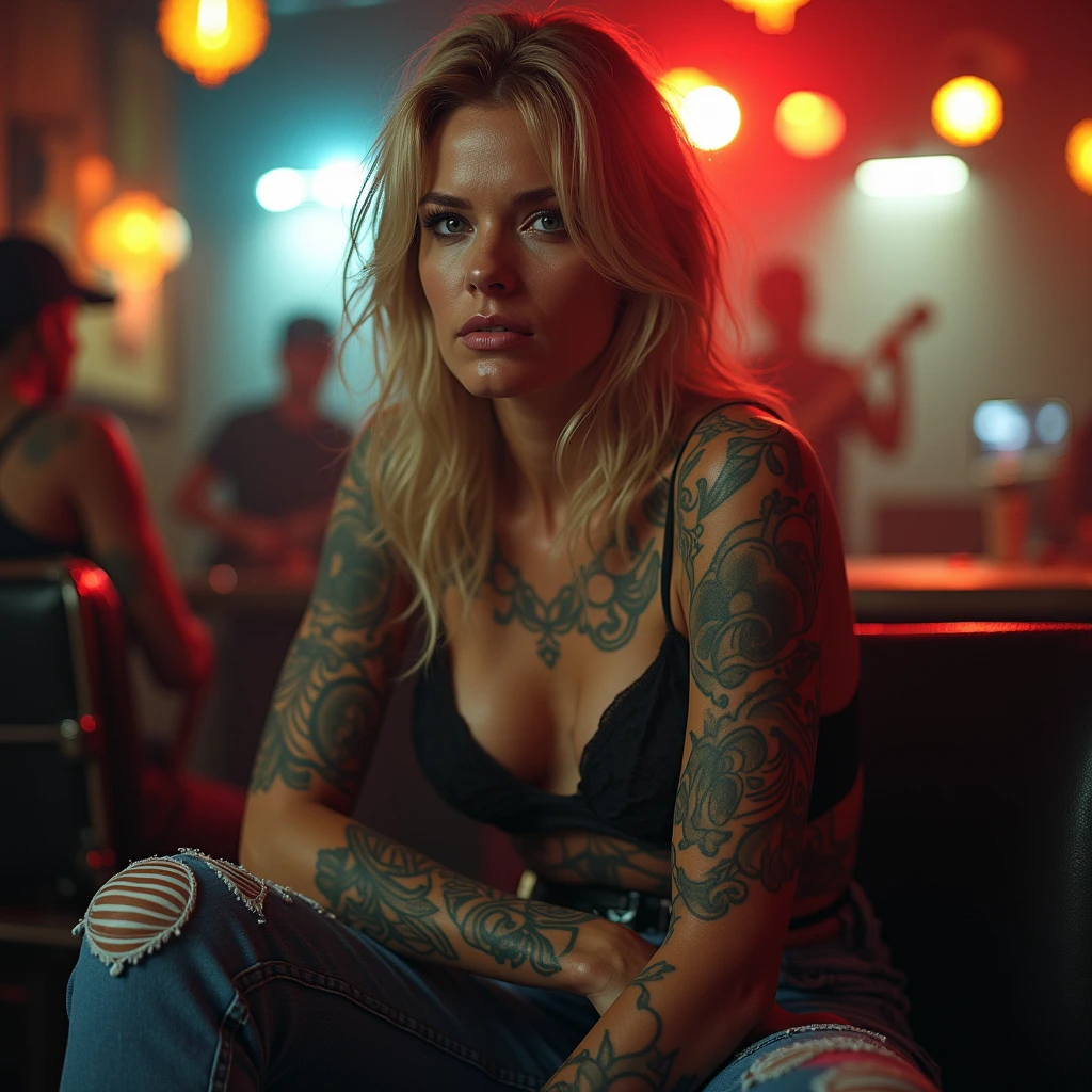 mature woman in her 50s with a beautiful face , attractive and seductive expression, shy, straight blonde hair, brow, make up, blue colored eyes, superlative body proportions, covered in tattoos, wearing a lace top, very low jeans, engineer boots, artistic, em um night club, red and yellow lights, show de uma banda