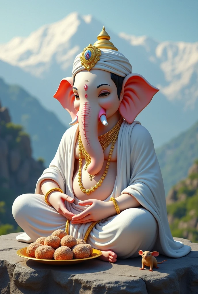 Lord Ganesh with white dress,near small Rat, leg near many laddu 's on the plate, Himalaya Mount background