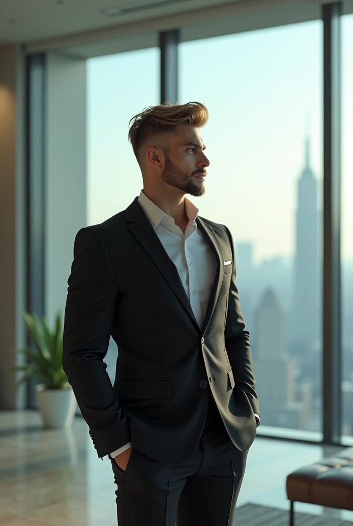 A young man, rusa, aesthetically beautiful body because you train at the gym, short blonde hair with a slight quiff, with short social beard, wearing a slightly tight suit, millionaire in his office standing looking sideways through the glass of his office