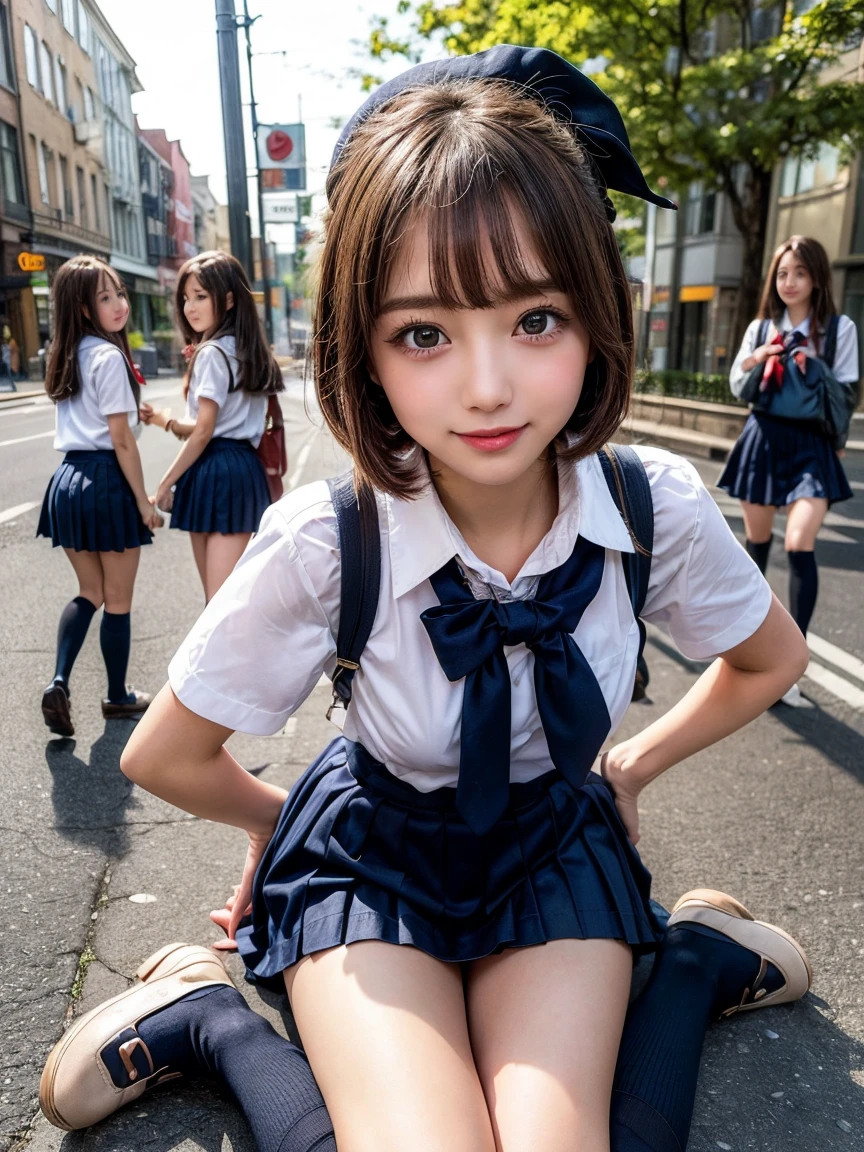 Browsing Caution, ((masterpiece)), ((Highest quality)), (Very detailedな), ((cute)), cute, (Multi-point), ((sexy)), (device), ((Very detailed)), 4K, (8k), Highest quality, (beautiful), hyper cute face, shape, Anime Style,hyper Genuineistic, Genuine, ((Navy high socks and brown loafers))、 ((From face to feet)), close, Thick outline, Clear contours, (One Girl, 3 cute girls:1.5), (Schoolgirl Uniform :1.5), City Sidewalk、Rear view of a person waiting at a traffic light、beautiful light brown hair, beautiful brown eyes, ((beautiful eyes)),, (Under the skirt:1.5), short hair, Big Breasts, smile