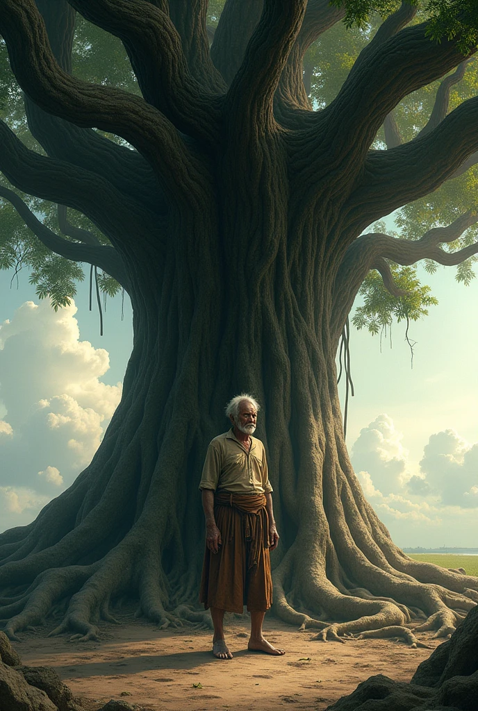 A poor man standing under a banyan tree 