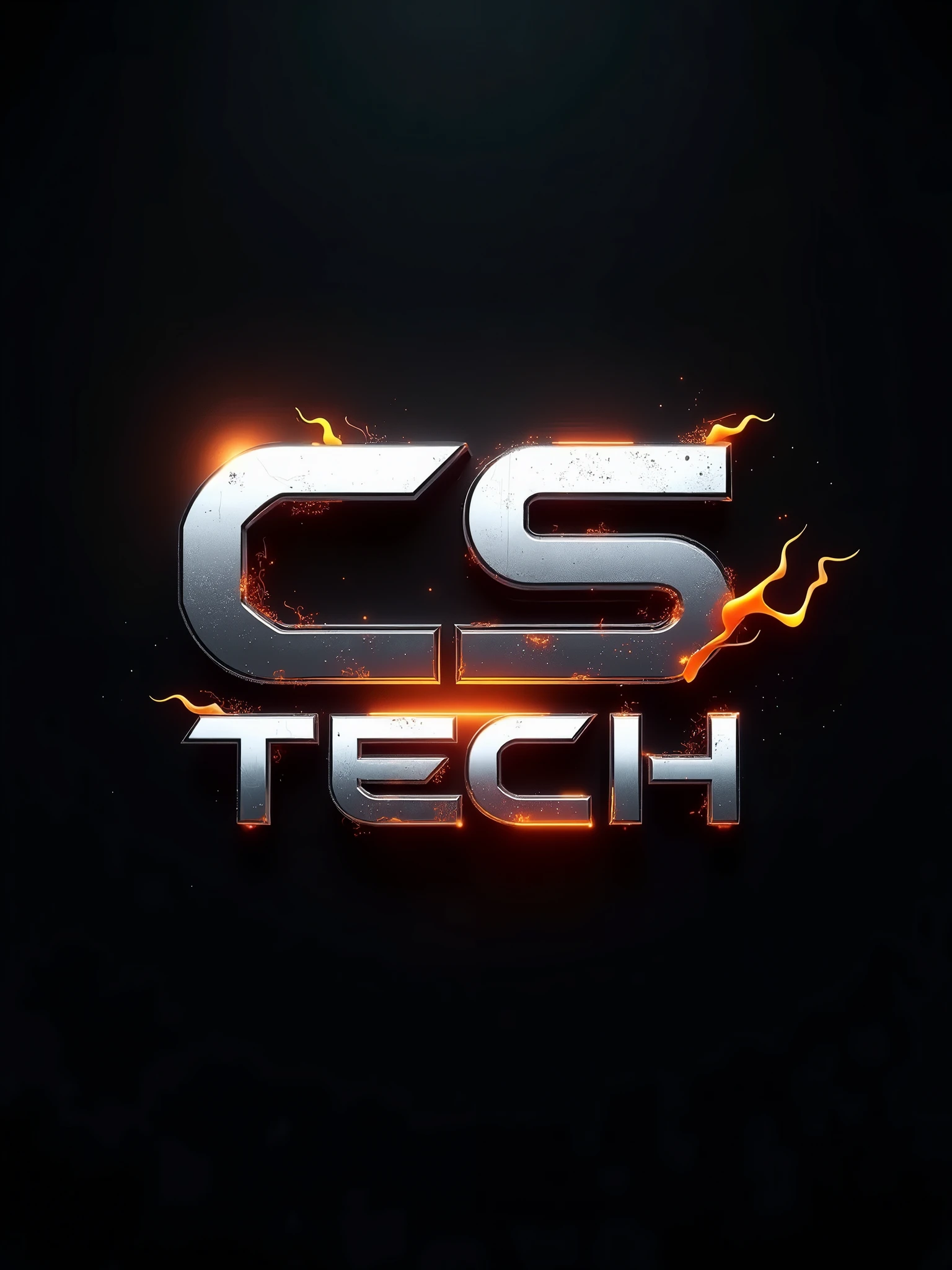 create a logo, black background, metallic letters, technological flame details, using the word "CS TECH".