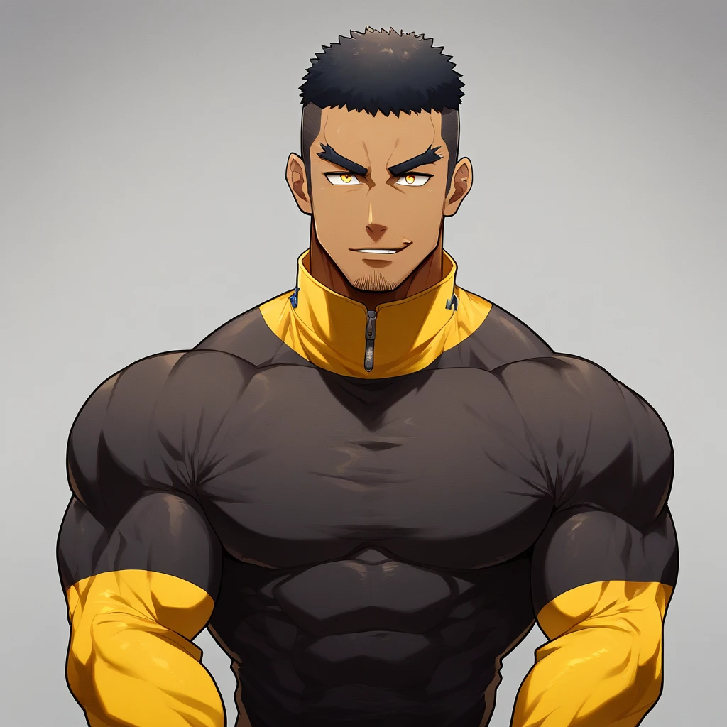 anime characters:, Muscle Sports Student, negro black skin, 1 dark skin muscular tough guy, Manliness, male focus, Light yellow high collar long sleeve tight T-shirt, Slightly transparent material, Very tight, Round, full and perky chest muscles, Slightly transparent, muscular male, muscular, only, Upper body, alone, Black short hair, Thick eyebrows, stubble, Yellow eyes, Grey background, simple background, amazing quality, best aesthetics, Ridiculous, bright pupils, crew cut, parted lips, seductive smile, torogao, naughty face, drop shadow, best quality