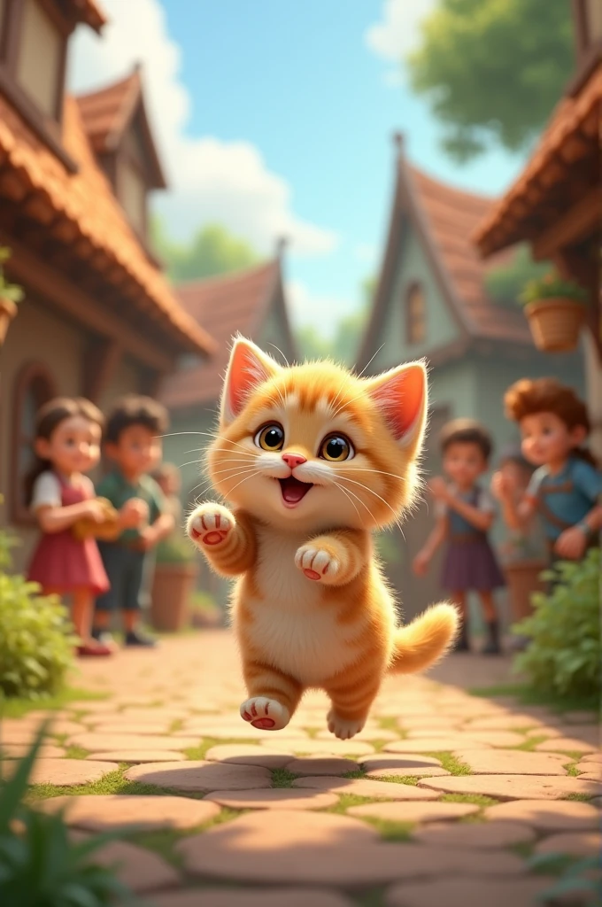 Whiskers the Kitten**: A small, fluffy kitten with bright eyes, playing happily with villagers.