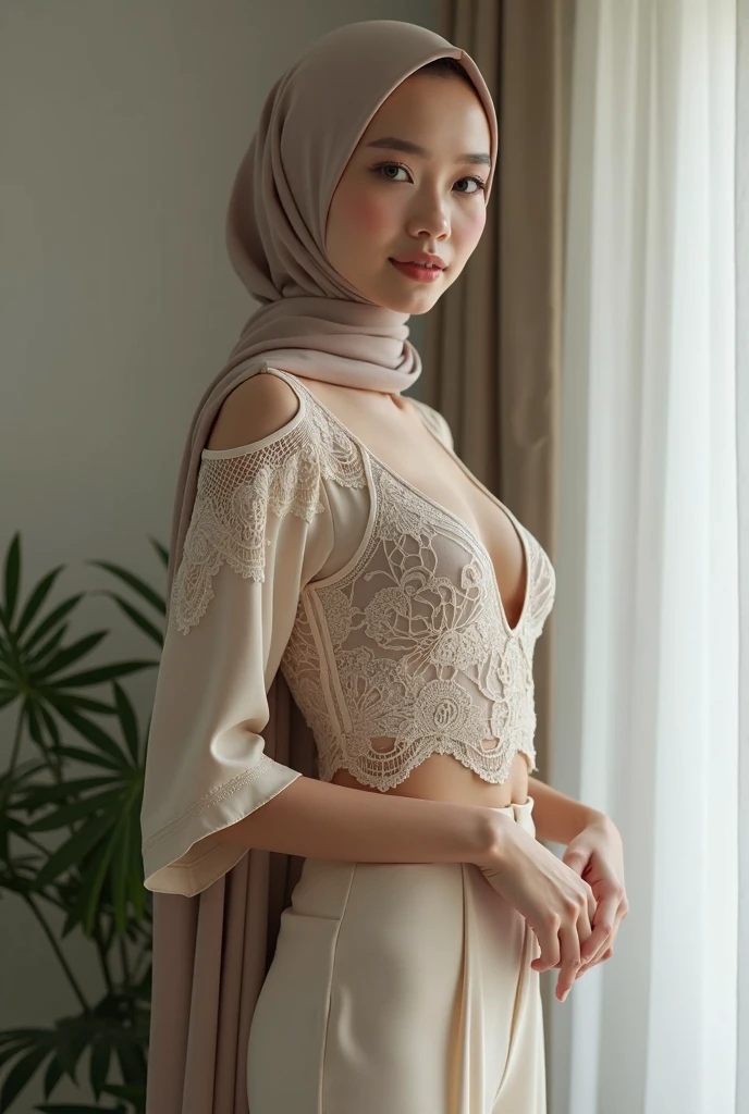 Malaysia，Muslim women，scarf，skirt，Ultra-high-definition images，chest，Upper body down，reality，Unbutton，Cleavage，Reality，Standing，Home，Good shape，Short-sleeved clothes，Sexy，Thin clothes，perspective，underwear，Lace，Thin hijab，Long legs