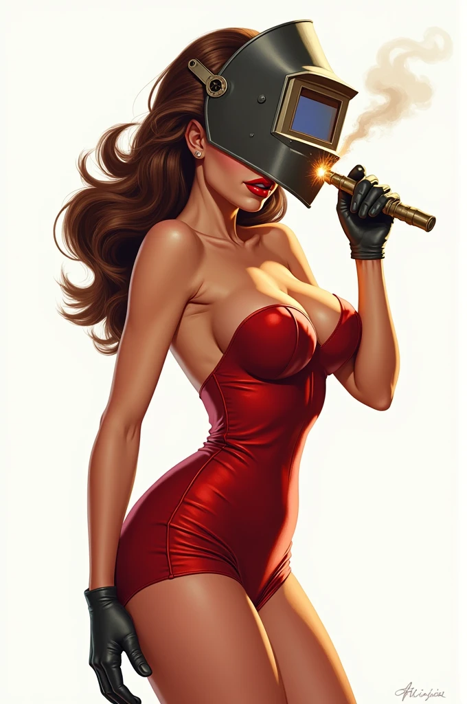 Pin-up girl art drawing 50s/50 of sexy woman with welding mask in sexy pose welding, white background 