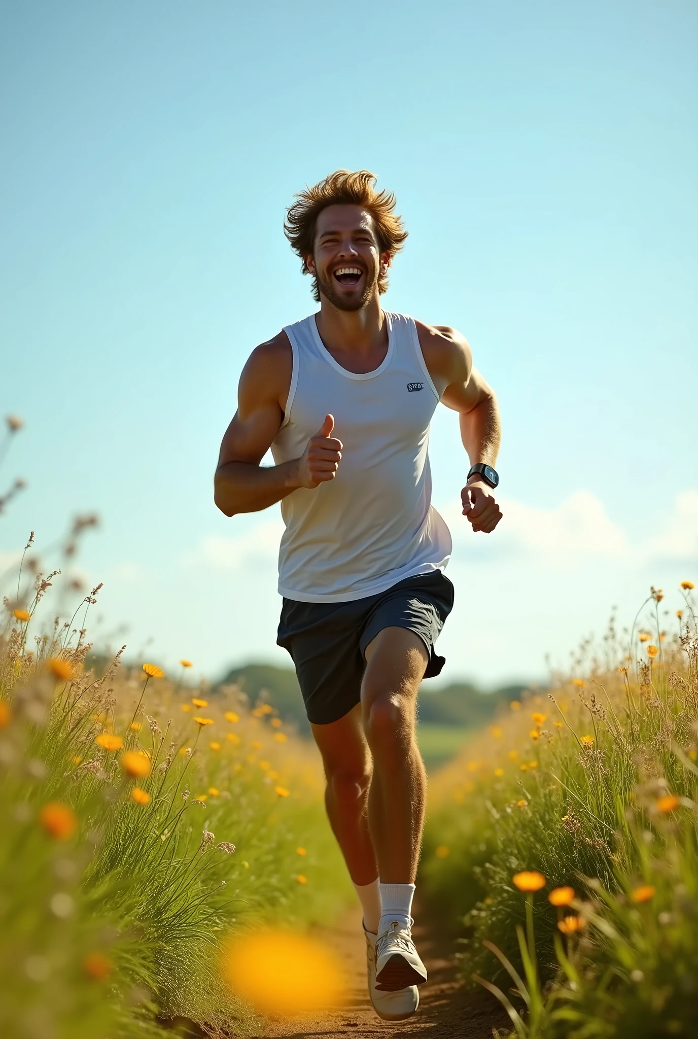 Man running for pleasure in a huge field, He is very happy and healthy