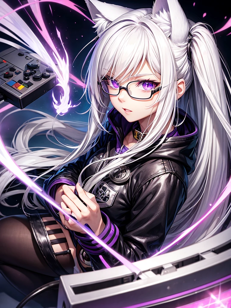 White hair, cat ears, purple eyes, holding a joystick, wearing glasses